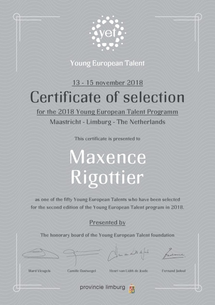Young european talent certificate of selection 2018