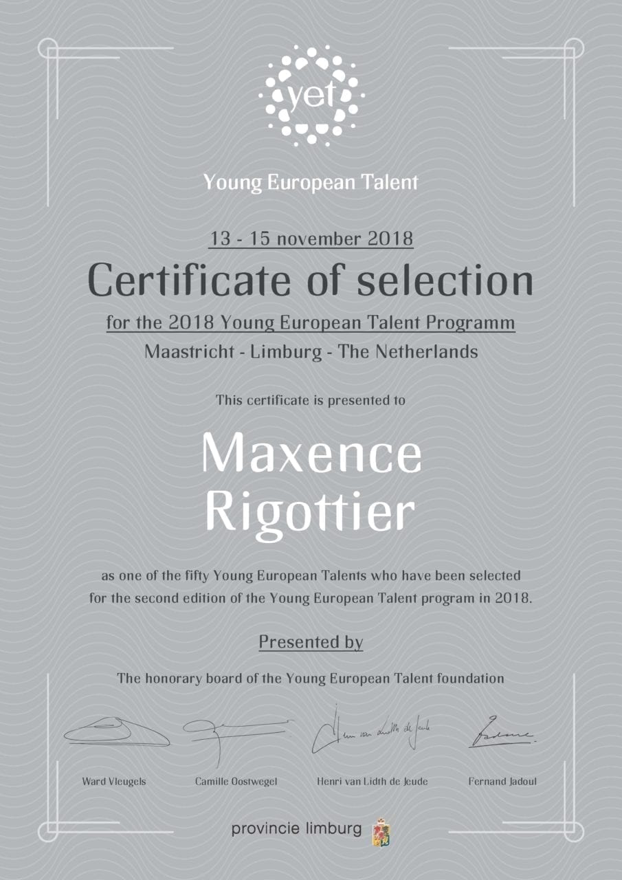 Young european talent certificate of selection 2018